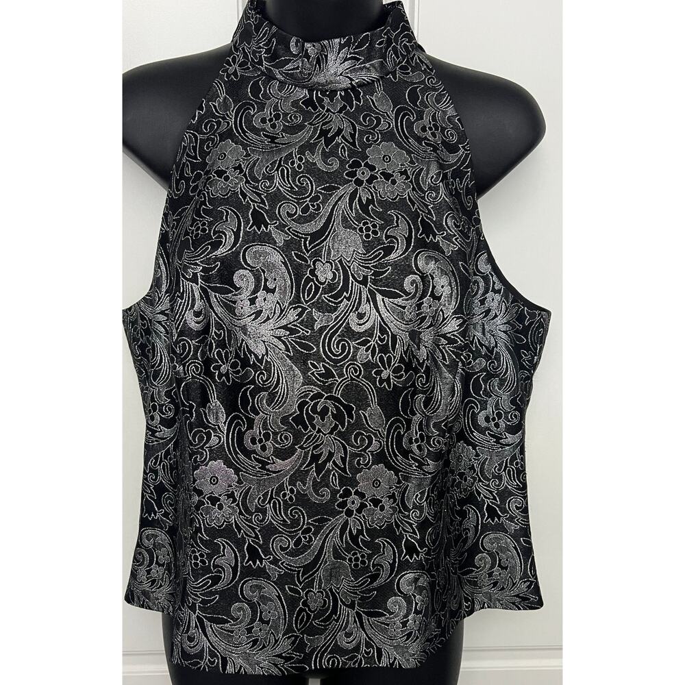 Vtg Michaelangelo Black Silver Metallic Floral Halter Style Top Size 14